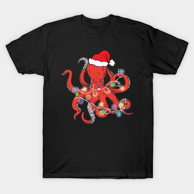 Octopus With Santa's Hat Christmas Lights Family Gift T-Shirt by finchandrewf